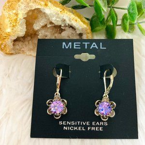 Silver dainty small flower purple stone earrings